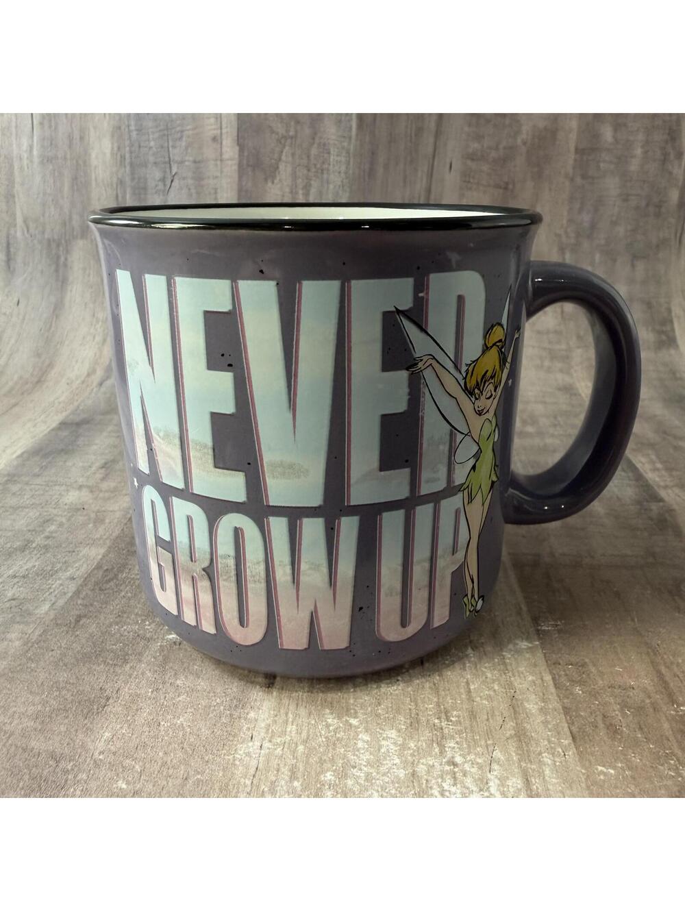 Disney Tinker Bell "Never Grow Up" Large 20 oz Coffee Mup Purple Cup Silver Buff